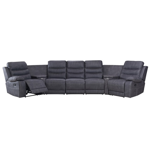 Brooklyn 5 Seater Recliner Home Theatre Fabric Lounge with Storage Consoles - Charcoal
