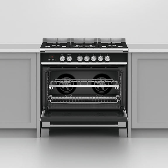 FISHERPAYKEL DUAL FUEL FREESTANDING COOKER BLACK 90CM