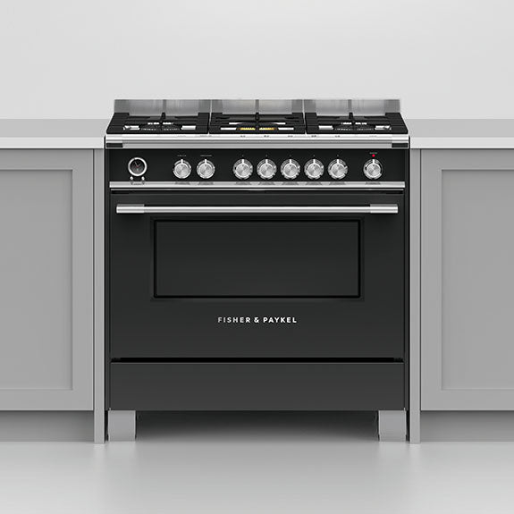 FISHERPAYKEL DUAL FUEL FREESTANDING COOKER BLACK 90CM