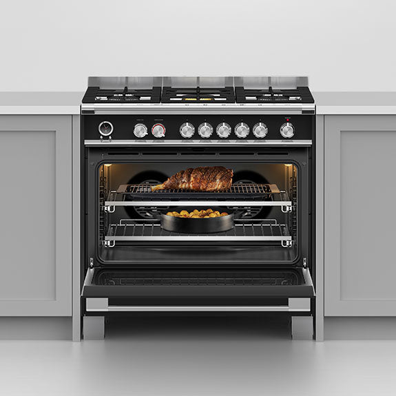 FISHERPAYKEL DUAL FUEL FREESTANDING COOKER BLACK 90CM