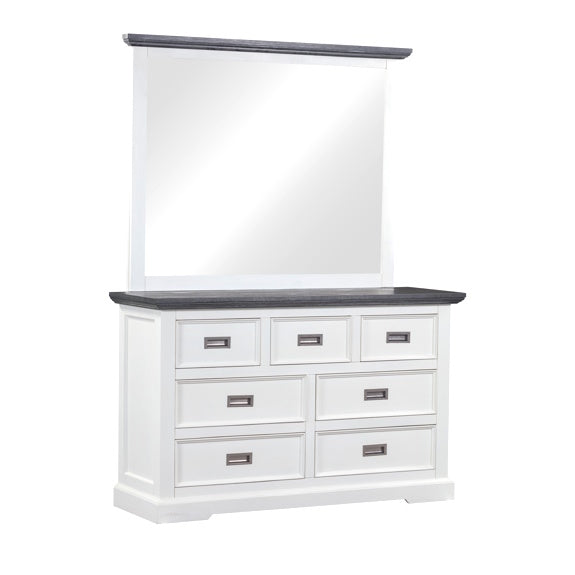 HAMPTON HAMPTON DRESSER WITH MIRROR - 7 DRAWER - WHITE/DARK TIMBER