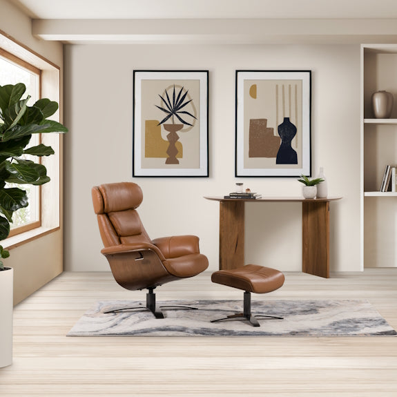 LOKI LOKI - TAN LEATHER - RECLINING ARMCHAIR AND FOOTSTOOL