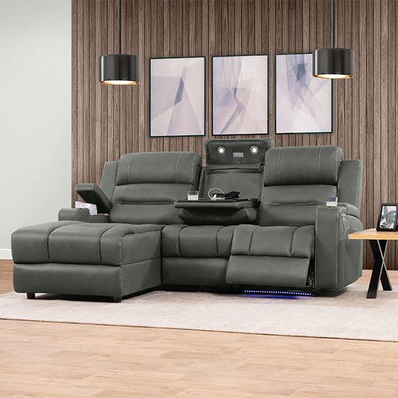 Spielberg 3 Seater Home Theatre Fabric Sofa with Electric Recliner and LHF Chaise - Ash