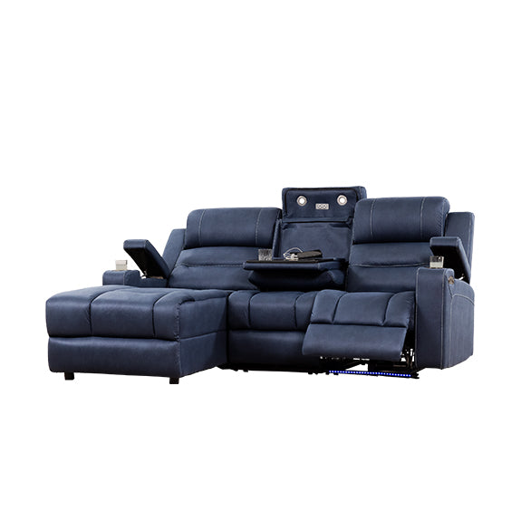 Spielberg 3 Seater Home Theatre Fabric Sofa with Electric Recliner and LHF Chaise - Azure