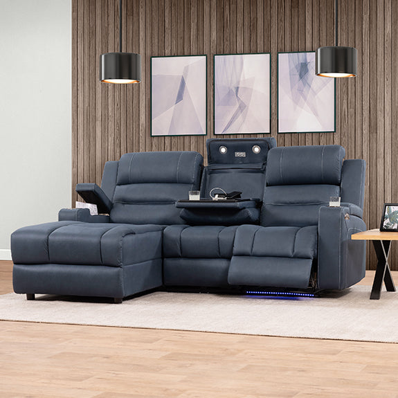 Spielberg 3 Seater Home Theatre Fabric Sofa with Electric Recliner and LHF Chaise - Azure