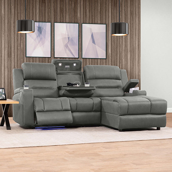 Spielberg 3 Seater Home Theatre Fabric Sofa with Electric Recliner and RHF Chaise - Ash