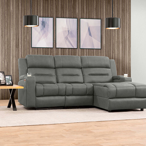 Spielberg 3 Seater Home Theatre Fabric Sofa with Electric Recliner and RHF Chaise - Ash
