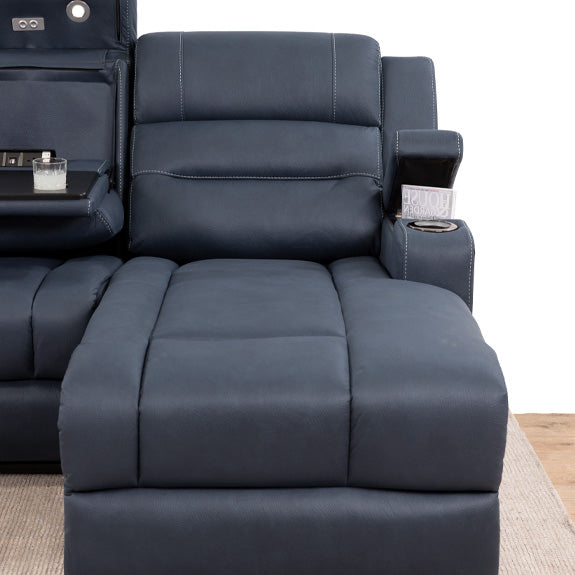 Spielberg 3 Seater Home Theatre Fabric Sofa with Electric Recliner and RHF Chaise - Azure