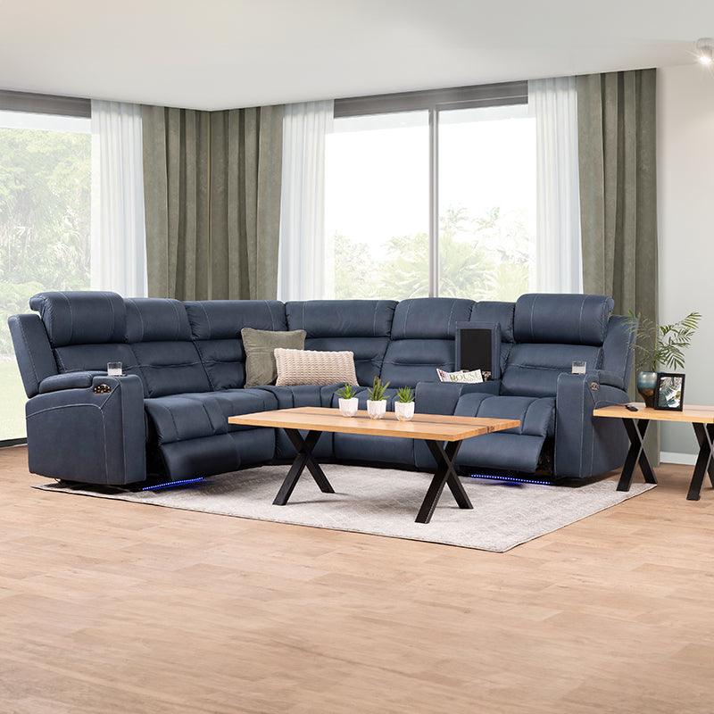 Spielberg 6 Seater Home Theatre Corner Fabric Recliner Lounge – Azure