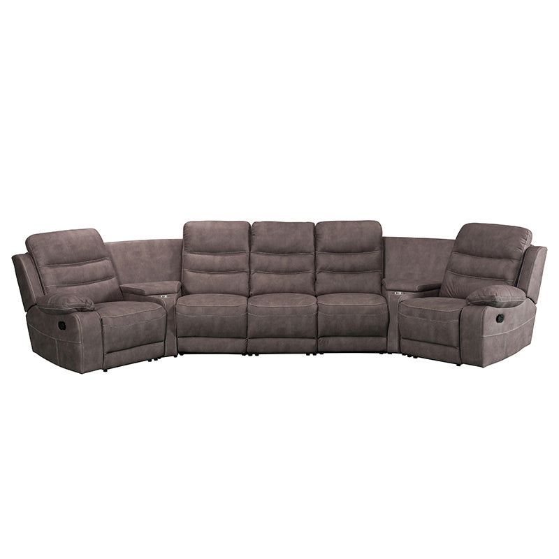 Brooklyn 5 Seater Recliner Home Theatre Fabric Lounge with Storage Consoles - Truffle