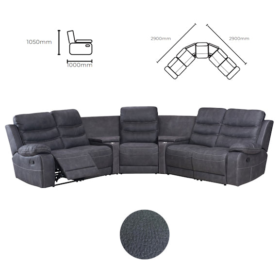 Brooklyn 5 Seater Recliner Home Theatre Fabric Lounge with Storage Consoles - Charcoal