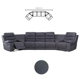 Brooklyn 5 Seater Recliner Home Theatre Fabric Lounge with Storage Consoles - Charcoal