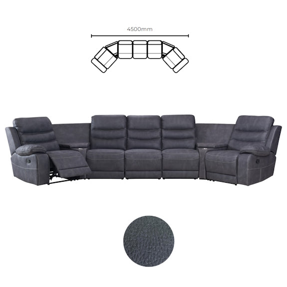 Brooklyn 5 Seater Recliner Home Theatre Fabric Lounge with Storage Consoles - Charcoal