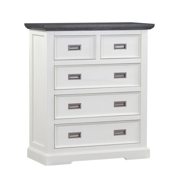 HAMPTON HAMPTON TALLBOY - 5 DRAWER - WHITE/DARK TIMBER