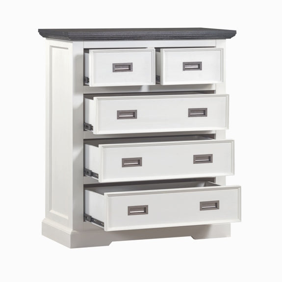 HAMPTON HAMPTON TALLBOY - 5 DRAWER - WHITE/DARK TIMBER