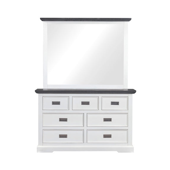 HAMPTON HAMPTON DRESSER WITH MIRROR - 7 DRAWER - WHITE/DARK TIMBER