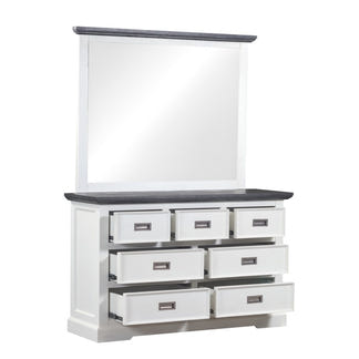 HAMPTON HAMPTON DRESSER WITH MIRROR - 7 DRAWER - WHITE/DARK TIMBER