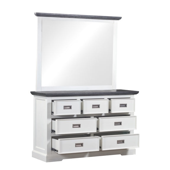 HAMPTON HAMPTON DRESSER WITH MIRROR - 7 DRAWER - WHITE/DARK TIMBER