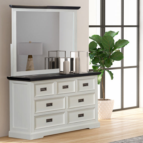 HAMPTON HAMPTON DRESSER WITH MIRROR - 7 DRAWER - WHITE/DARK TIMBER