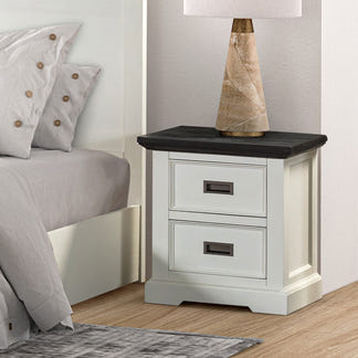 HAMPTON HAMPTON BEDSIDE TABLE - 2 DRAWER - WHITE/DARK TIMBER