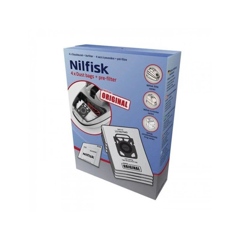 NILFISK BAGS - REPLACEMENT FILTER + BAGS - ELITE EXTREME & KING SERI 4 PACK