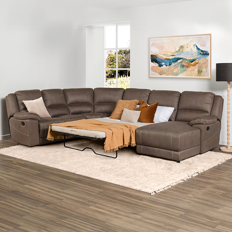 Oregon 6 Seater Corner Recliner Fabric Lounge with RHF Chaise and Foldout Sofa Bed - Graphite