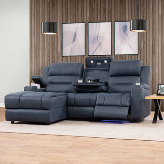 Spielberg 3 Seater Home Theatre Fabric Sofa with Electric Recliner and LHF Chaise - Azure