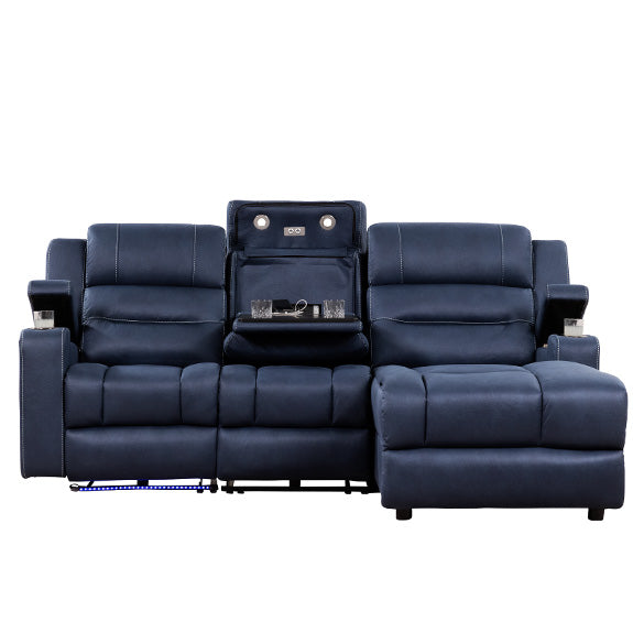 Spielberg 3 Seater Home Theatre Fabric Sofa with Electric Recliner and RHF Chaise - Azure