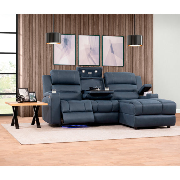 Spielberg 3 Seater Home Theatre Fabric Sofa with Electric Recliner and RHF Chaise - Azure