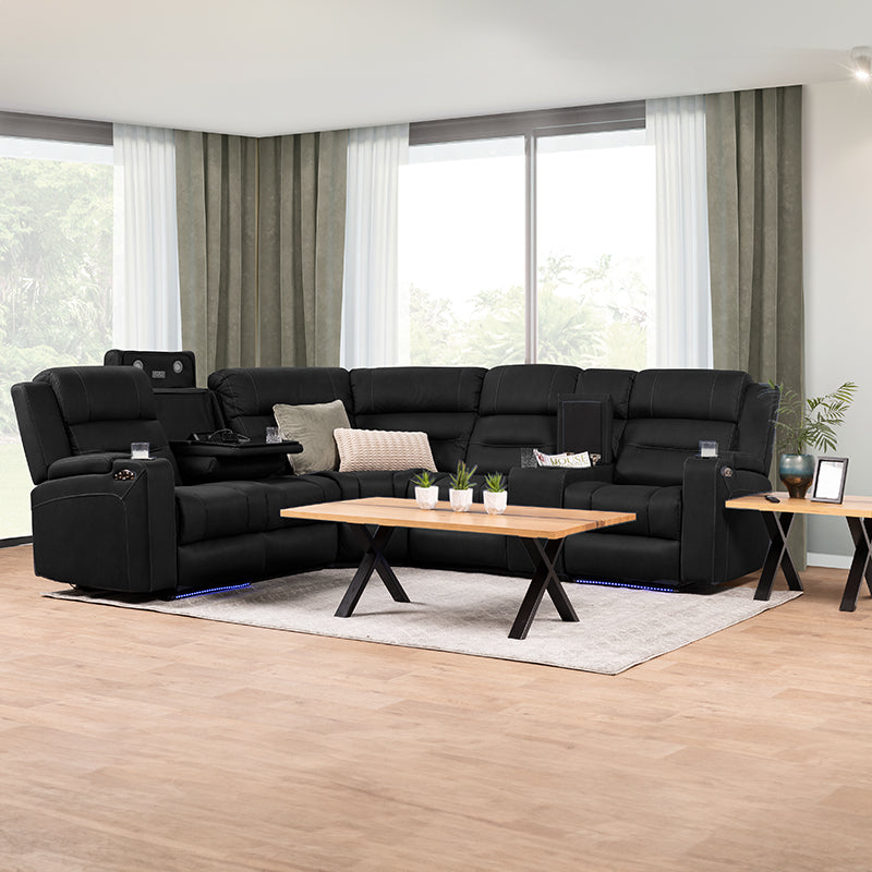 Spielberg 6 Seater Home Theatre Corner Fabric Recliner Lounge – Jet