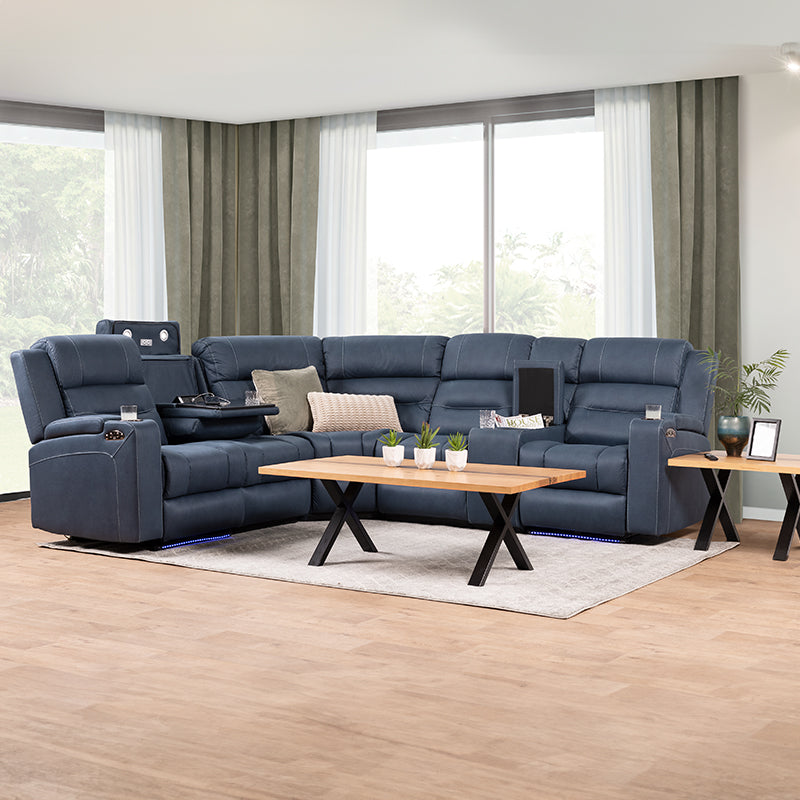 Spielberg 6 Seater Home Theatre Corner Fabric Recliner Lounge – Azure