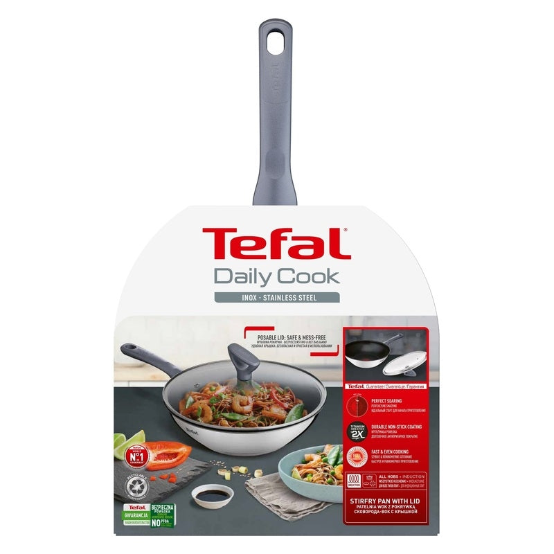 TEFAL DAILY COOK INDUCTION STAINLESS STEEL WOK 28CM + LID